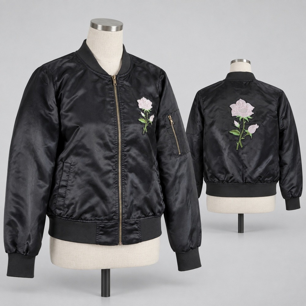 Charlotte Russe Bomber Jacket Black Satin Rose Embroidered XL Floral Streetwear